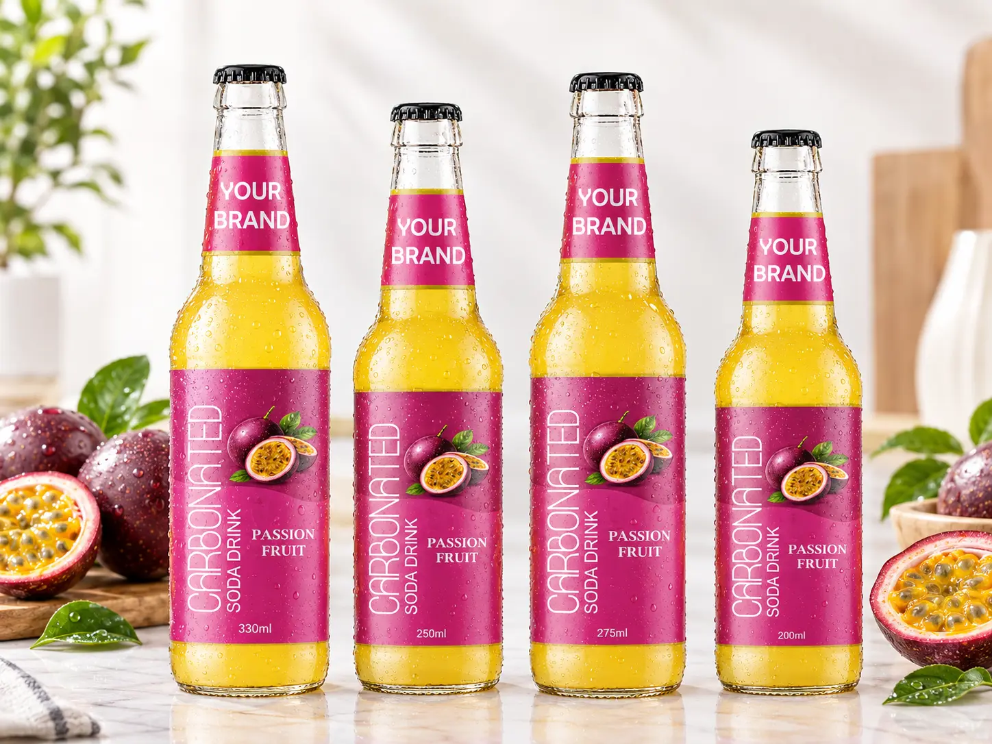 CARBONATED SODA DRINK Passion Fruit flavour in 330ml, 250ml, 275ml and 200ml glass bottles.